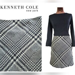 Kenneth Cole Wool jacquard intricate  herringbone skirt M lace trim tweed
